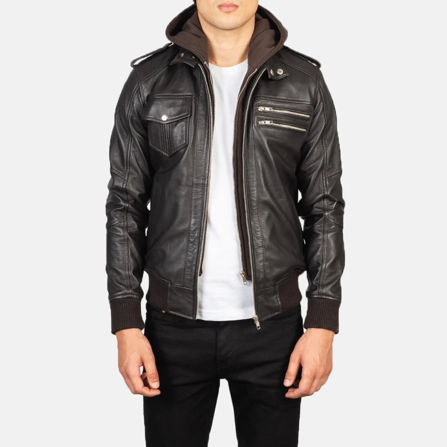 Hoch Jackets Bravado Brown Hooded Leather Bomber Jacket