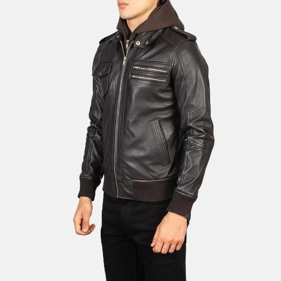 Hoch Jackets Bravado Brown Hooded Leather Bomber Jacket