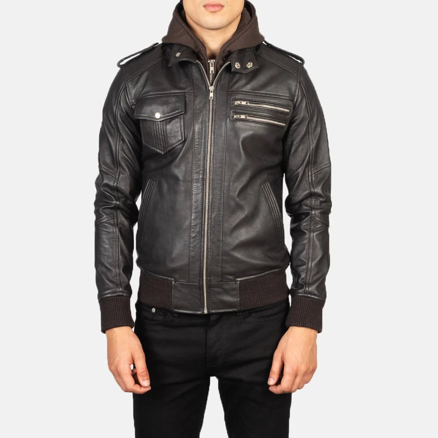 Hoch Jackets Bravado Brown Hooded Leather Bomber Jacket