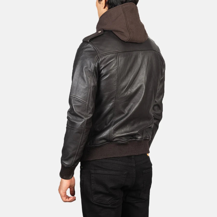 Hoch Jackets Bravado Brown Hooded Leather Bomber Jacket