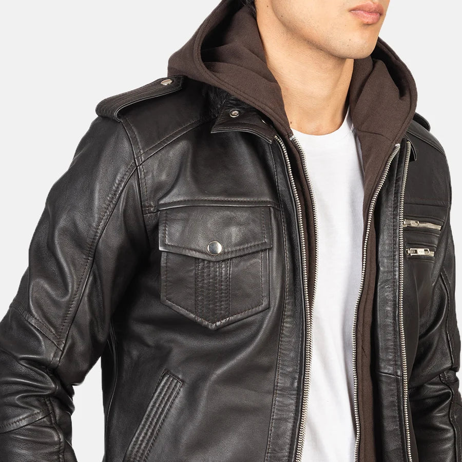 Hoch Jackets Bravado Brown Hooded Leather Bomber Jacket