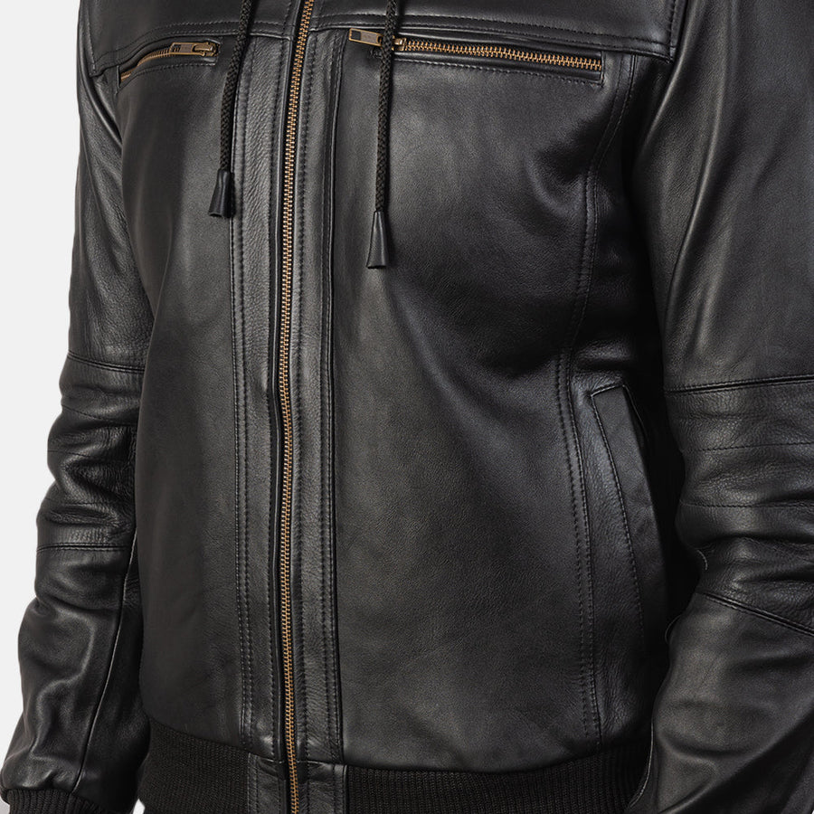 Hoch Jackets Bouncer Biz Black Hooded Leather Bomber Jacket
