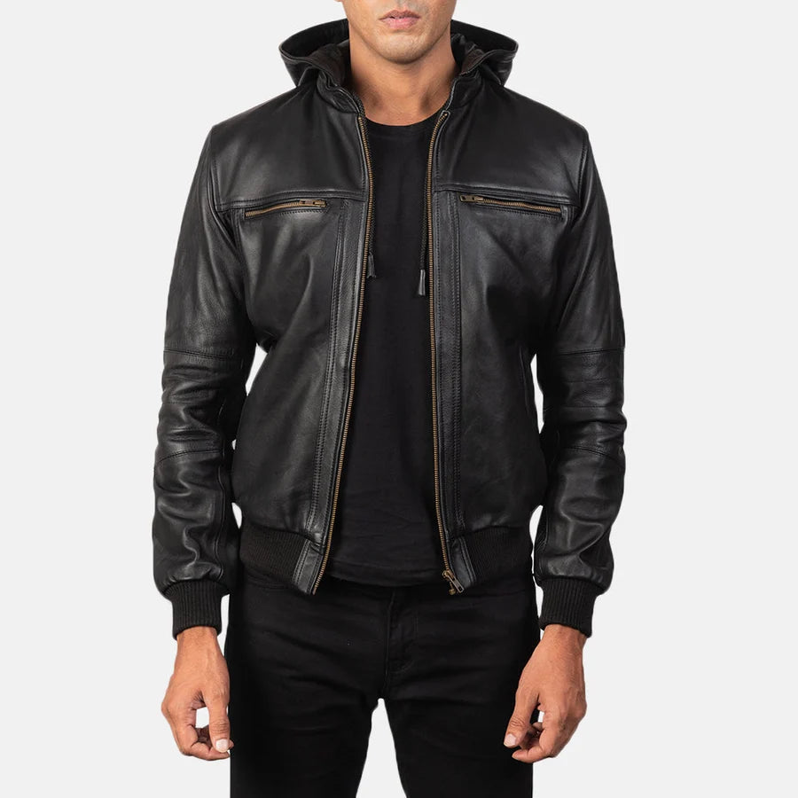 Hoch Jackets Bouncer Biz Black Hooded Leather Bomber Jacket