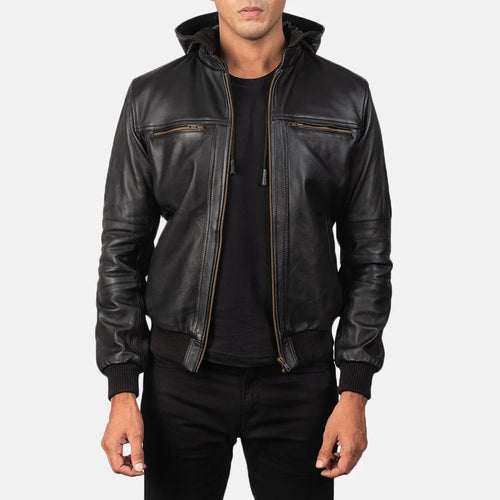 Hoch Jackets Bouncer Biz Black Hooded Leather Bomber Jacket