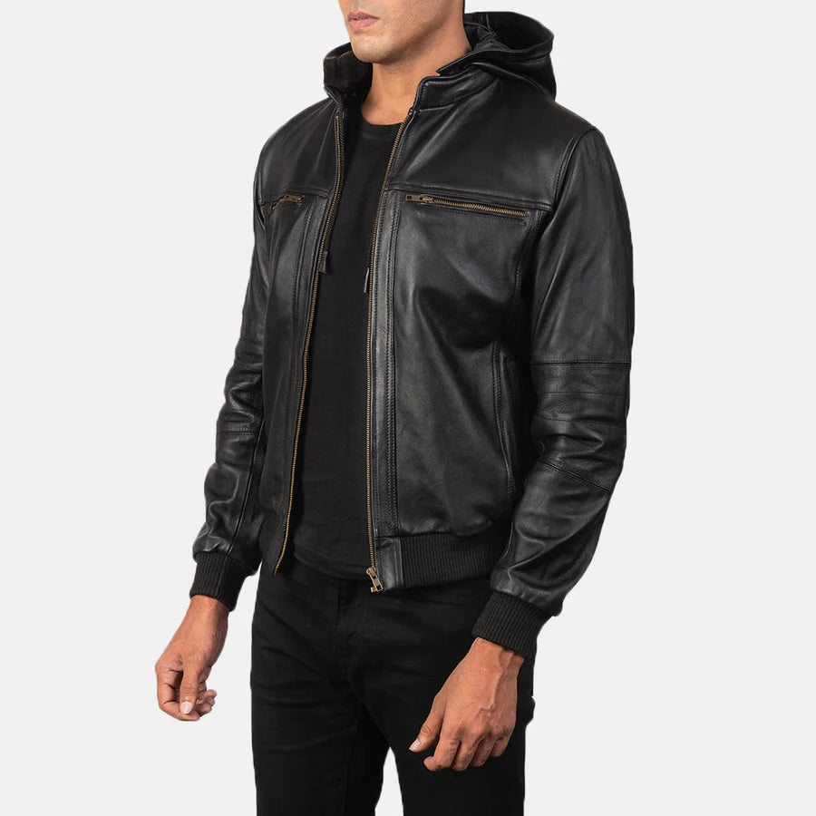 Hoch Jackets Bouncer Biz Black Hooded Leather Bomber Jacket