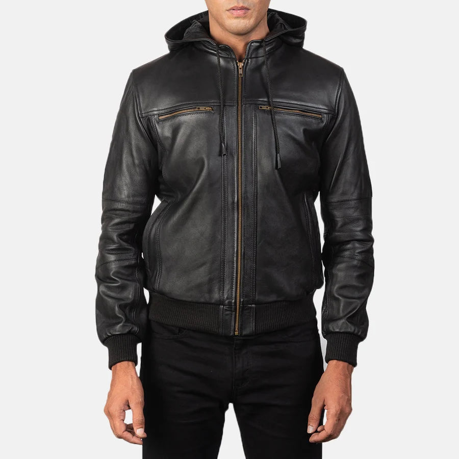 Hoch Jackets Bouncer Biz Black Hooded Leather Bomber Jacket