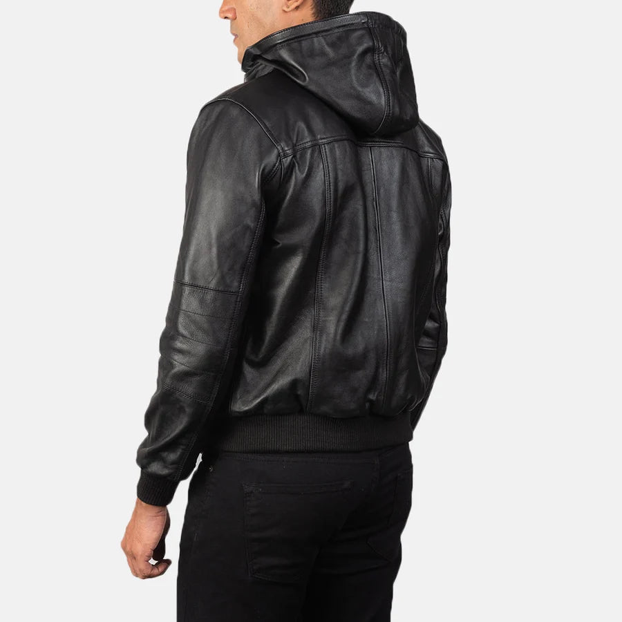 Hoch Jackets Bouncer Biz Black Hooded Leather Bomber Jacket
