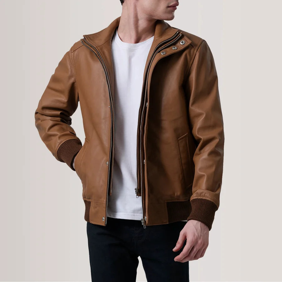 Hoch Jackets Lester Tan Leather Bomber Jacket