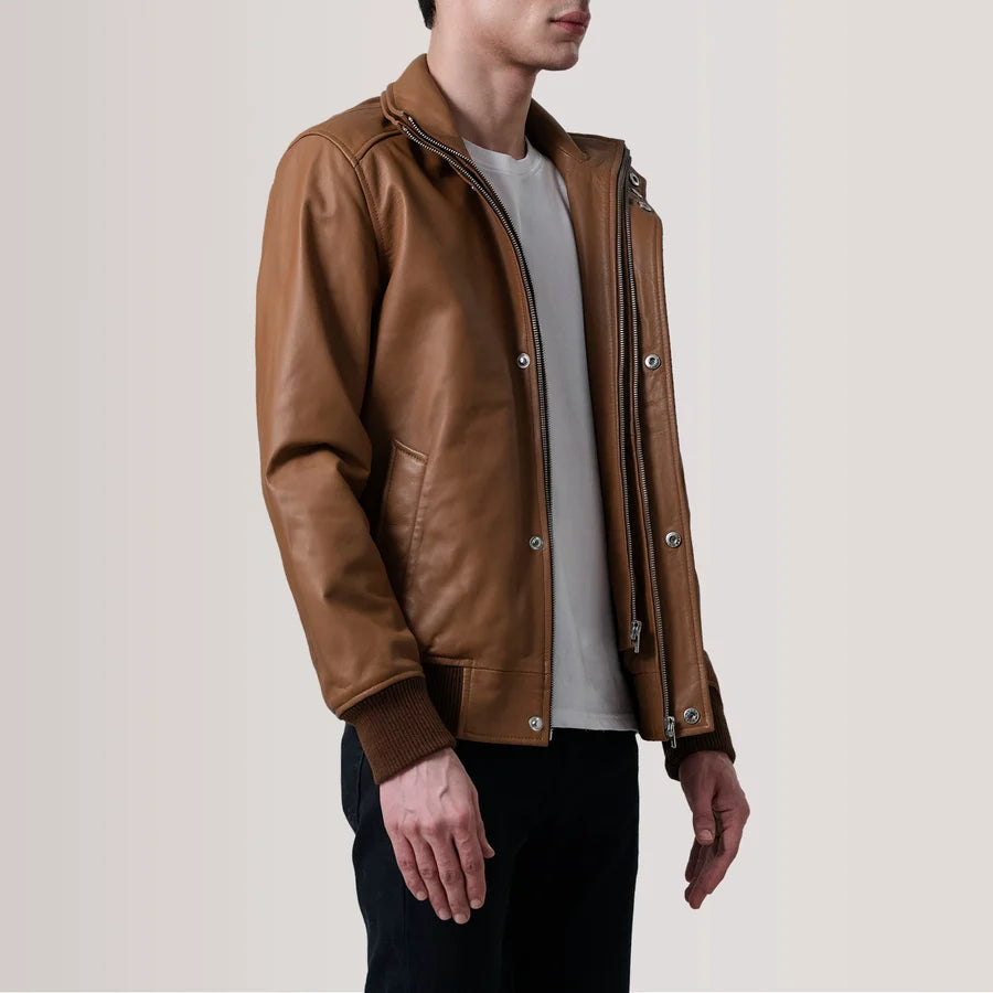 Hoch Jackets Lester Tan Leather Bomber Jacket