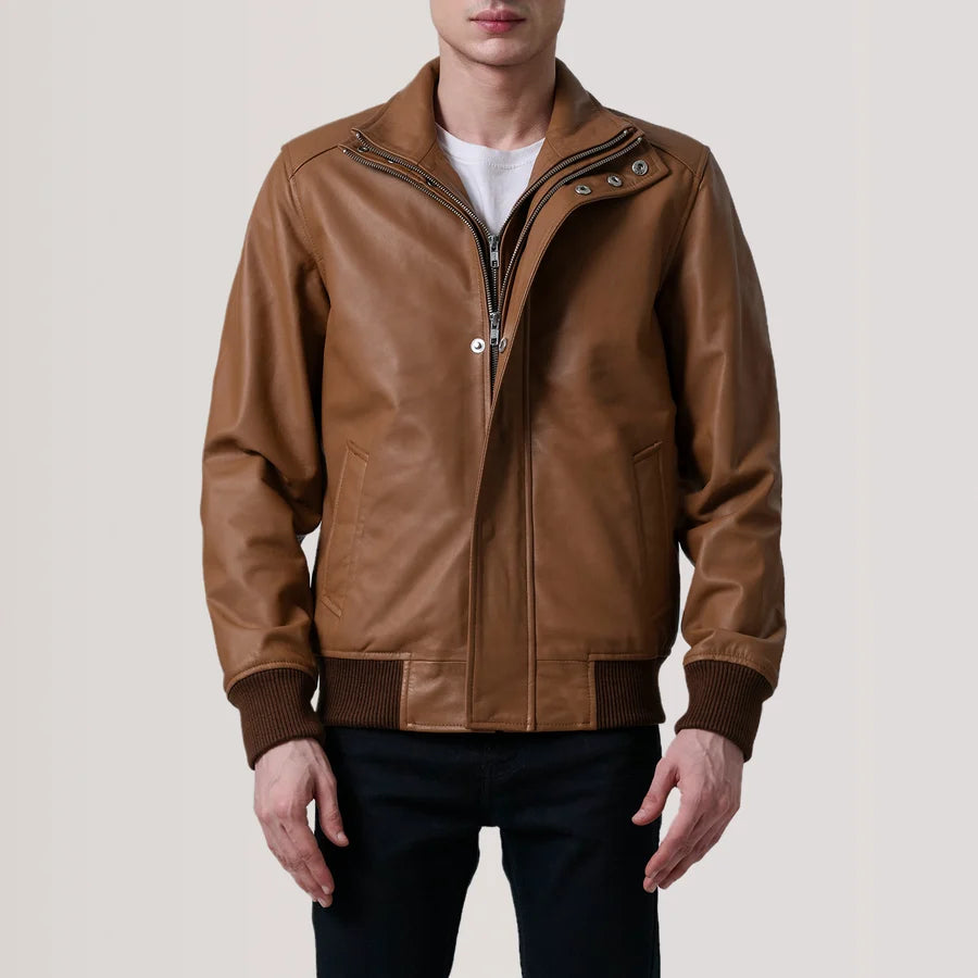 Hoch Jackets Lester Tan Leather Bomber Jacket