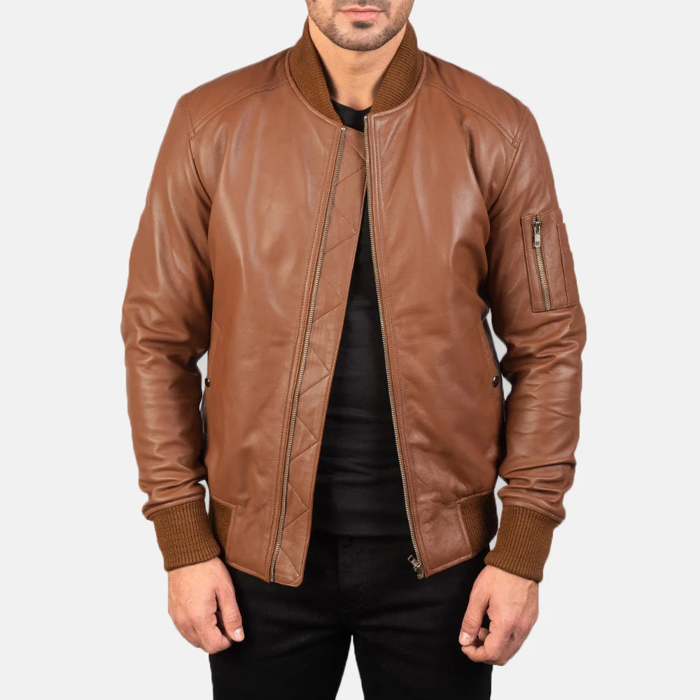 Hoch Jackets Bomia Brown Leather MA-1 Bomber Jacket