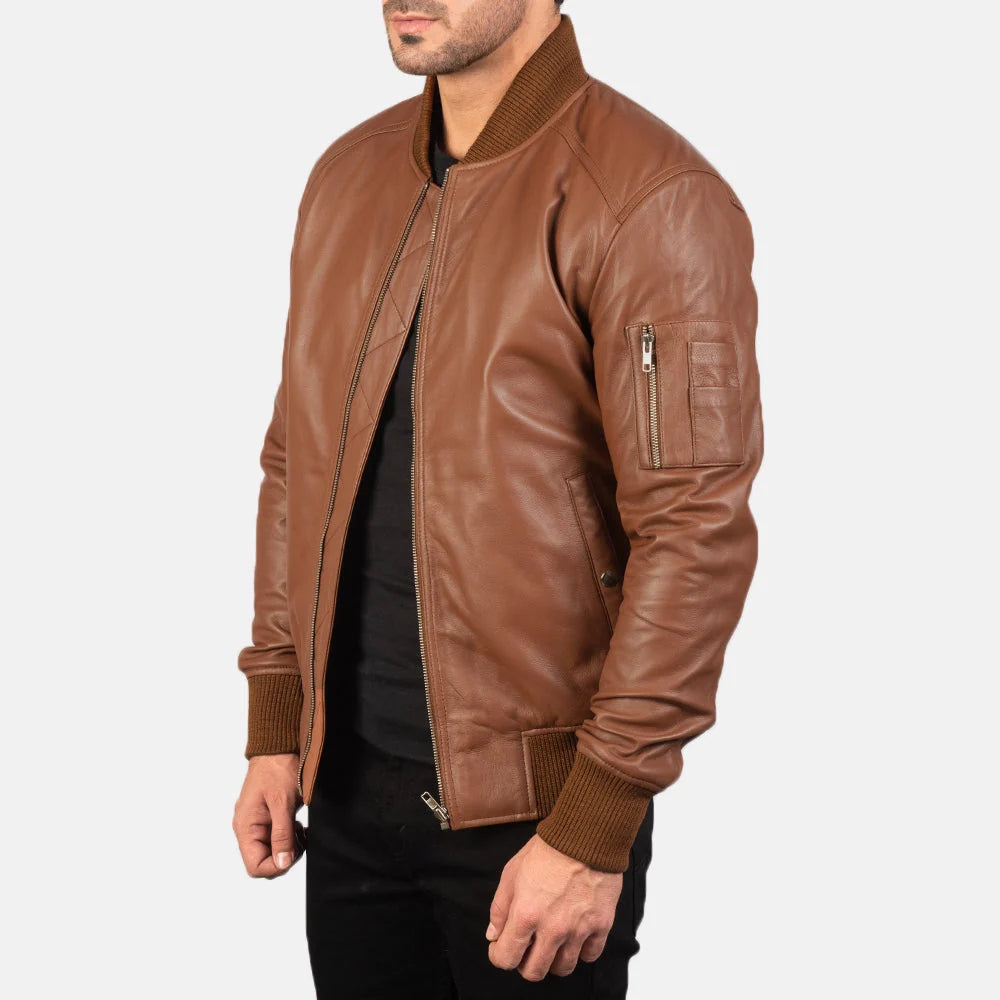 Hoch Jackets Bomia Brown Leather MA-1 Bomber Jacket