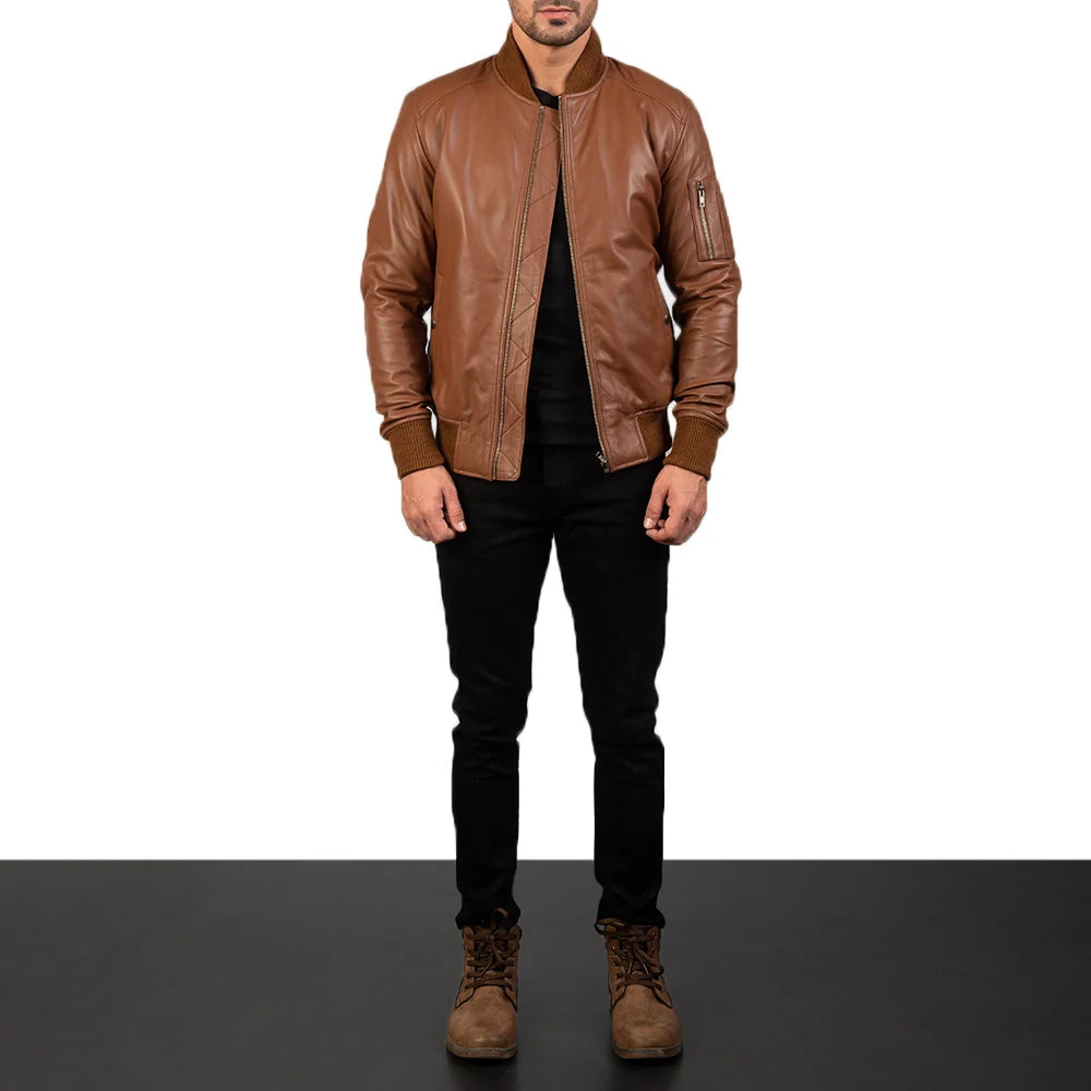 Hoch Jackets Bomia Brown Leather MA-1 Bomber Jacket