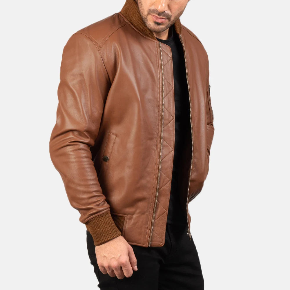 Hoch Jackets Bomia Brown Leather MA-1 Bomber Jacket