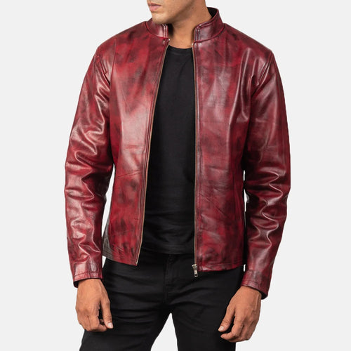 Hoch Jackets Alex Burgundy Distressed Leather Jacket