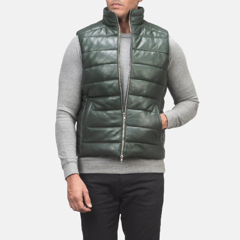 Green Leather Puffer Vest